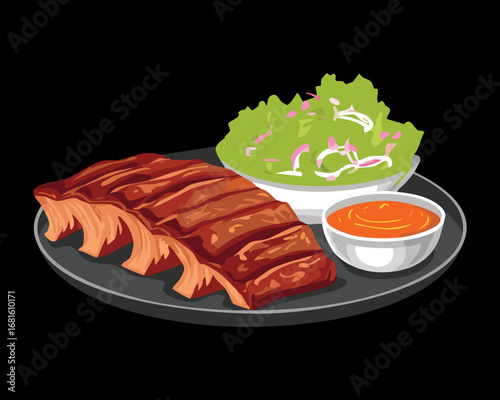 Barbecue pork ribs with a side of creamy coleslaw and a dipping sauce - Vector Illustration

