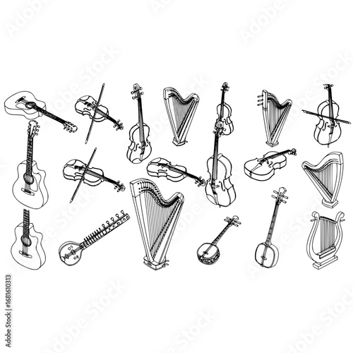 Illustration of string instruments: guitars, violins, harps, cellos, sitar and banjo sketches art