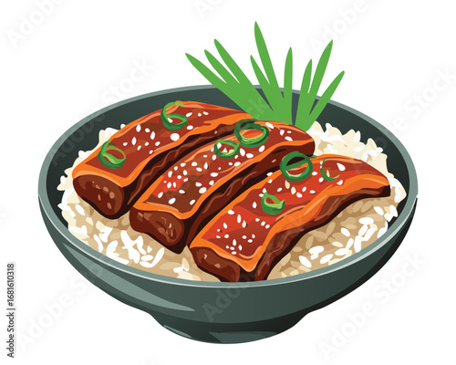Savory grilled short ribs with sliced green onions on a bed of steamed rice - Vector Illustration