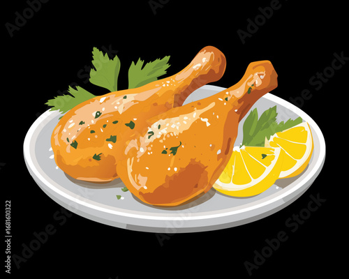 Crispy fried chicken drumsticks garnished with fresh lemon on a white plate - Vector Illustration