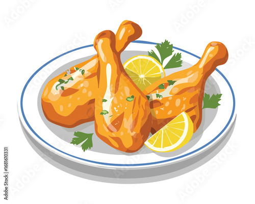 Delicious fried chicken drumsticks with a crunchy crust and fresh lemon wedges - Vector Illustration