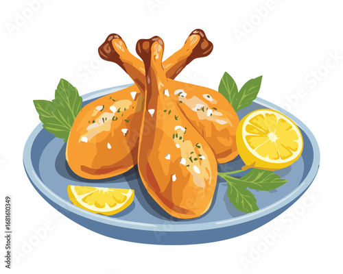 Crispy fried chicken drumsticks with a golden brown crust garnished with lemon slices - Vector Illustration