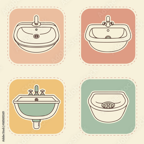 Faucets Sink varieties on square tiles with beige backgrounds and brown outlines