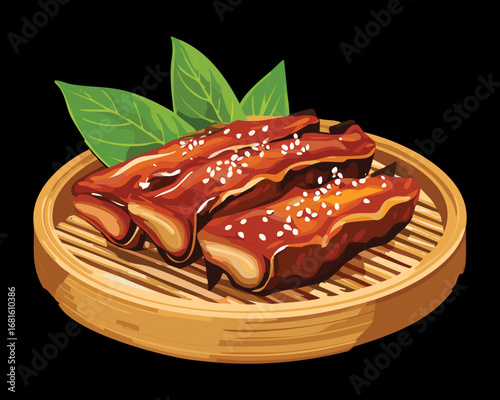 Slow cooked pork ribs with a sticky sauce served on a traditional bamboo steamer - Vector Illustration