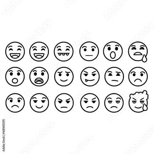 Emoji face expression icon set vector graphic design illustration emotion happy sad angry funny outline collection