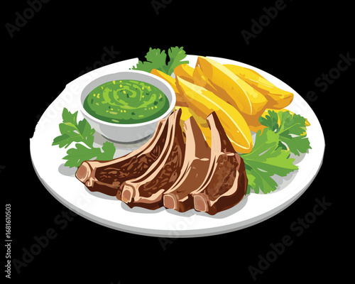 Tender lamb chops with french fries and a green dipping sauce on a white plate - Vector Illustration