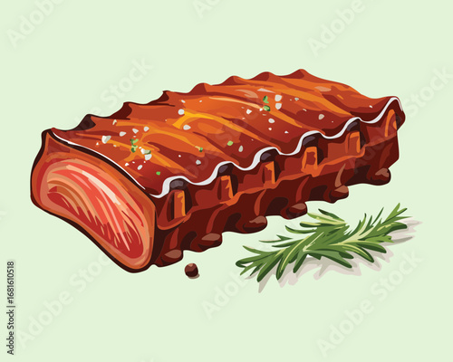 Succulent barbecued pork ribs with a shiny brown sauce and fresh rosemary sprigs - Vector Illustration