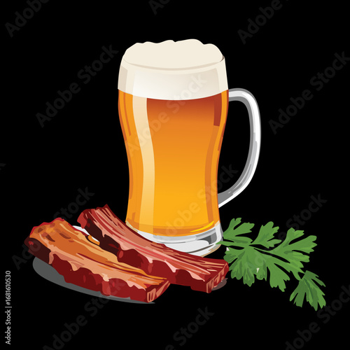 A tall glass of amber beer with creamy foam next to a plate of savory grilled ribs - Vector Illustration