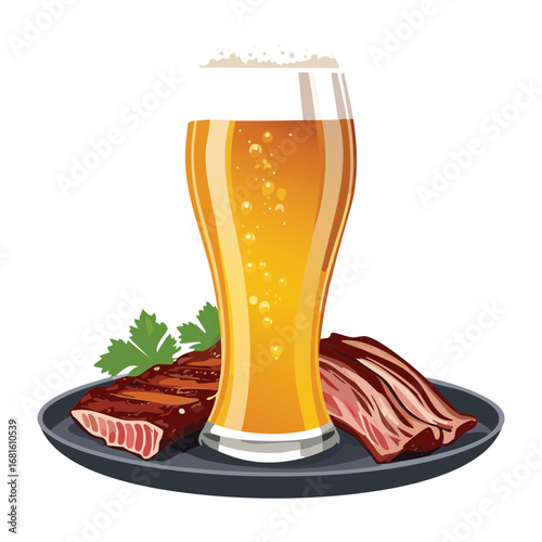 A plate with grilled ribs and fresh vegetables next to a tall glass of beer - Vector Illustration

