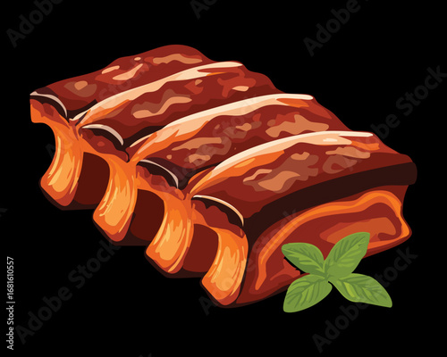 Delicious grilled pork ribs with fresh green rosemary - Vector Illustration

