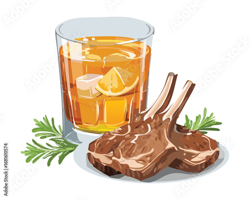 Glass of beer with grilled lamb chops garnished with lemon slices - Vector Illustration