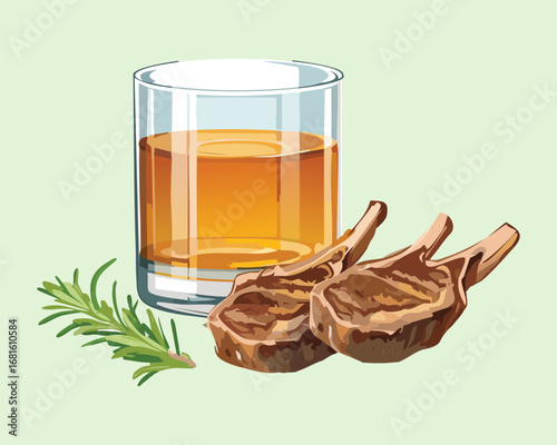 A beautiful cooked lamb chop on a plate next to a glass of whiskey, a perfect pairing - Vector Illustration