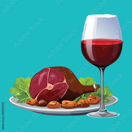 Roasted duck on a platter with a glass of red wine, a classic French delicacy for a feast - Vector Illustration