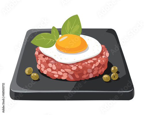 Classic steak tartare served on a black square plate with a raw egg yolk and a sprinkle of spices - Vector Illustration
