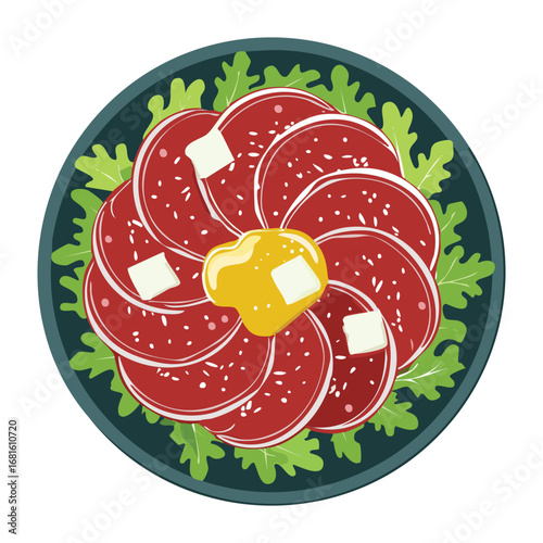 Delicious salami rosette platter, a gourmet appetizer with sliced meat, spices, and fresh parsley - Vector Illustration
