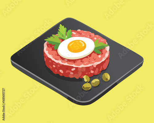 A delicious steak tartare dish with a raw egg yolk, served on a black plate with capers - Vector Illustration