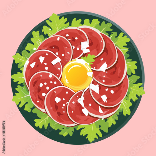 Top view of steak tartare, a gourmet raw meat dish with finely diced beef, on a plate - Vector Illustration