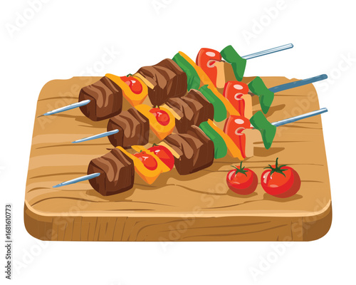 skewers of meat and vegetables, including onions, bell peppers, tomatoes, and beef on a board - Vector Illustration