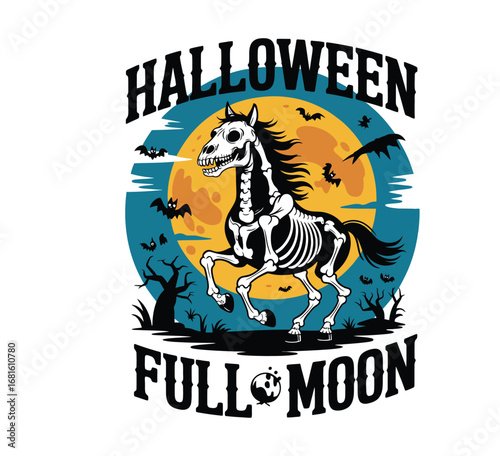 Skeleton horse galloping under full moon Halloween vector isolated white background