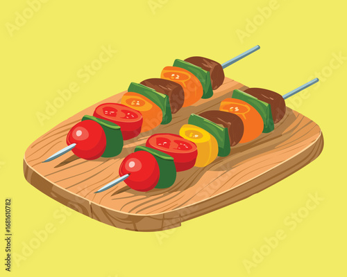 Delicious grilled vegetable skewers with bell peppers, onions, tomatoes, and squash on a wooden board - Vector Illustration