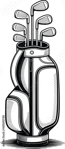 Golf Bag with Clubs Black and White Sports Equipment Illustration.