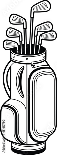 Golf Bag with Clubs Black and White Sports Equipment Illustration.