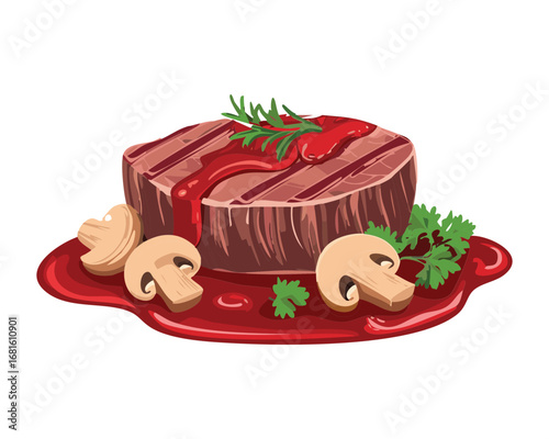 Juicy grilled steak with fresh mushrooms and a rich brown sauce, a classic dish perfect for dinner - Vector Illustration