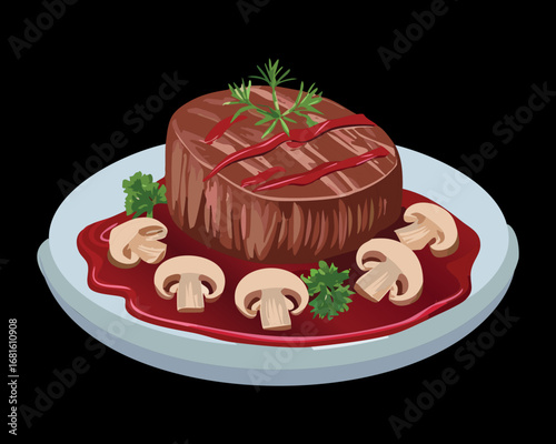 Tender grilled steak with fresh mushrooms and a rich gravy sauce, a classic and flavorful dinner meal - Vector Illustration