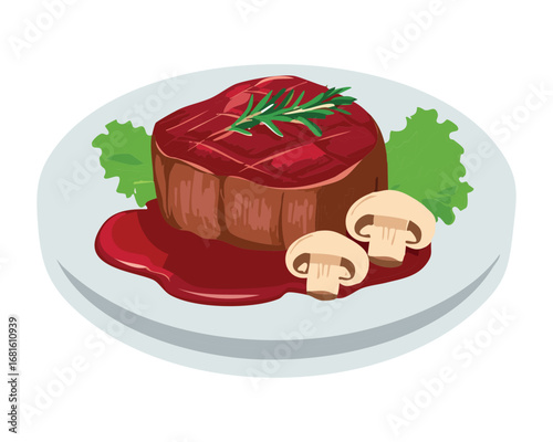 Seared steak with fresh mushrooms and a side of steamed asparagus, all topped with a rich red wine sauce - Vector Illustration