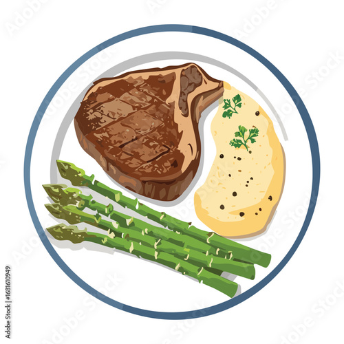 Hearty T-bone steak served with creamy mashed potatoes and a side of fresh asparagus, a perfect gourmet dinner - Vector Illustration