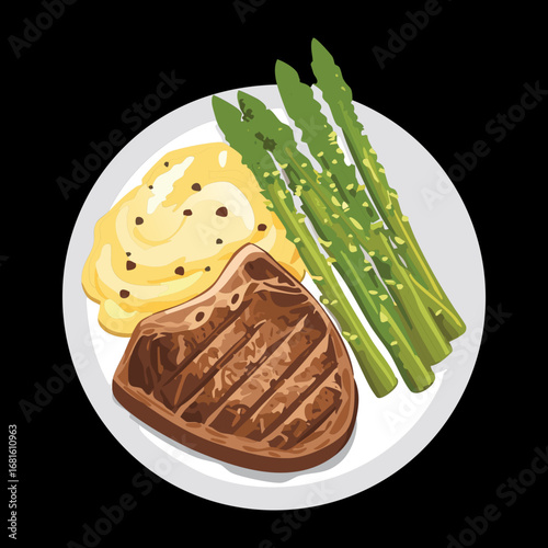 Classic grilled steak with a side of creamy mashed potatoes and fresh steamed asparagus, a delicious and balanced meal - Vector Illustration