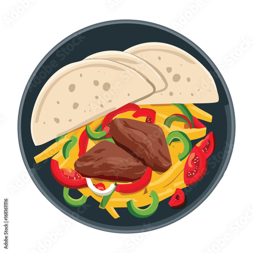 Appetizing steak fajitas with grilled peppers and onions, served with a side of flour tortillas for a perfect meal - Vector Illustration