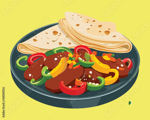 Delicious grilled fajitas with seasoned steak, sautéed bell peppers, and onions, served with flour tortillas - Vector Illustration