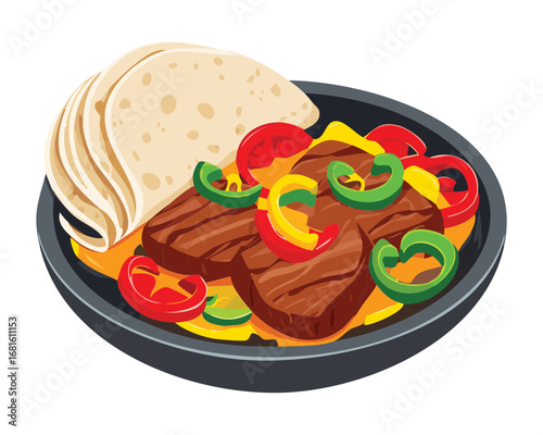 Sizzling fajitas with strips of seasoned steak, colorful bell peppers, and onions, served with warm tortillas - Vector Illustration