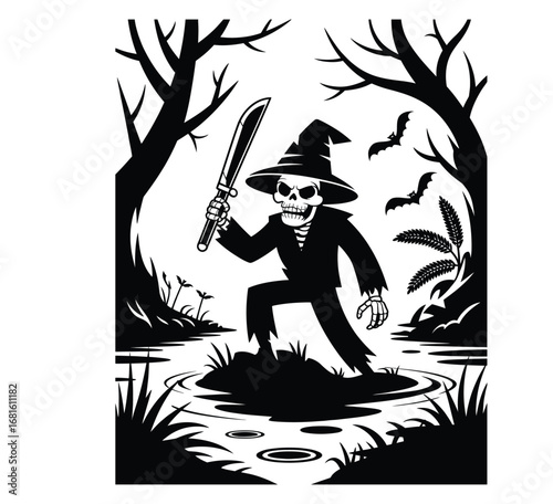 Skeleton hunter stalking in haunted swamp vector isolated black and white