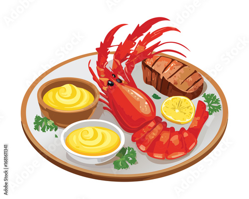 Fresh lobster tail and a grilled beef steak with eggs and sauce, a hearty and delicious meal - Vector Illustration