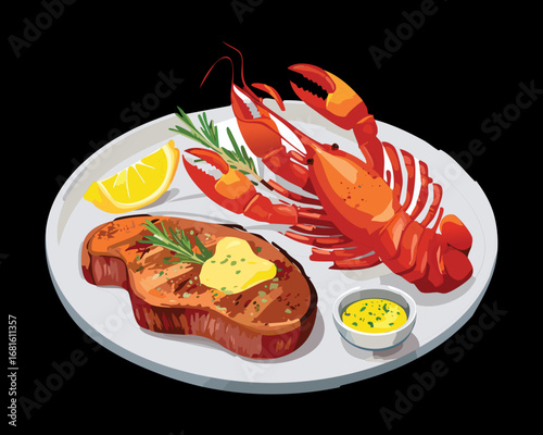 A classic surf and turf platter with juicy beef steak and a hot, perfectly cooked lobster - Vector Illustration