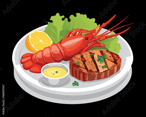 Delicious surf and turf platter with grilled beef steak and lobster tail, a fine dining meal - Vector Illustration