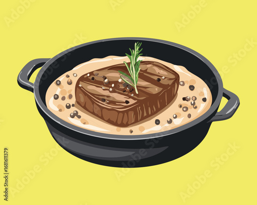 Juicy beef steak on a hot pan, served with a rich sauce for a gourmet and satisfying meal - Vector Illustration