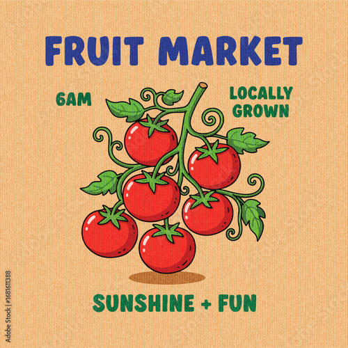 Red tomato vintage t-shirt design, Fruit market. Summer food graphic, vintage retro Tasty food for design, Positive vibes, Fresh vegan food, Tomato vegetable artwork for t shirt print, Locally grown.