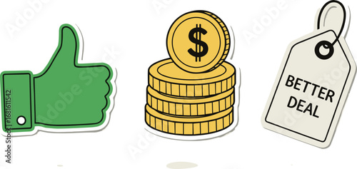Thumbs up, coins, and better deal tag illustration
