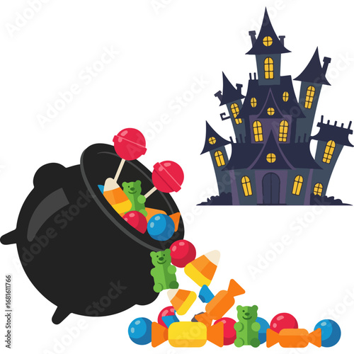 Halloween theme cauldron and haunted mansion illustration—high quality vectors for kids party invitations, festival posters, horror book covers, web content, digital banners, and comics designs.