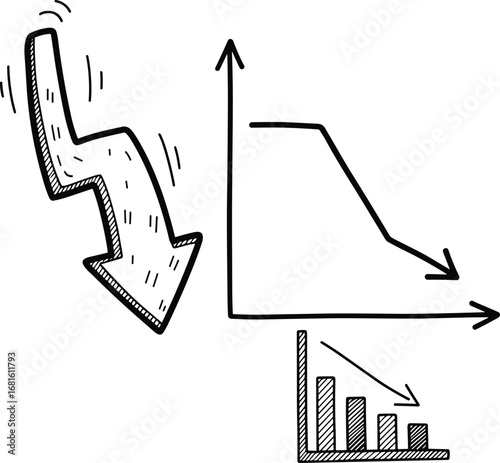 Downturn graph and falling arrow in doodle style