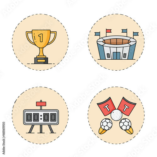 Sport icons trophy, stadium, timer, balls and flags