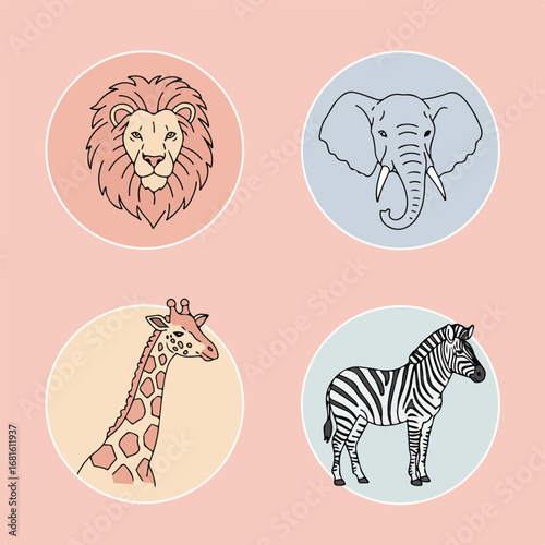 Safari pals lion, elephant, giraffe, zebra in circles on peach background