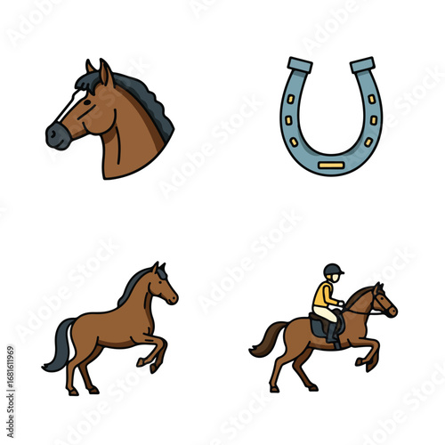 Horse Icons Horse, horseshoe, and rider cliparts on white background