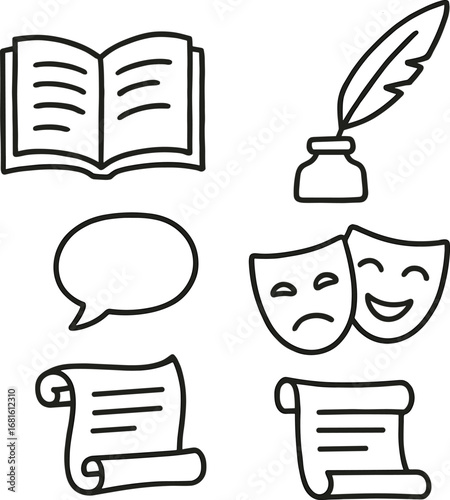 Set of icons for literature, writing, and theatre