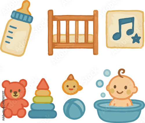 Baby essentials: bottle, crib, toys, and bath time