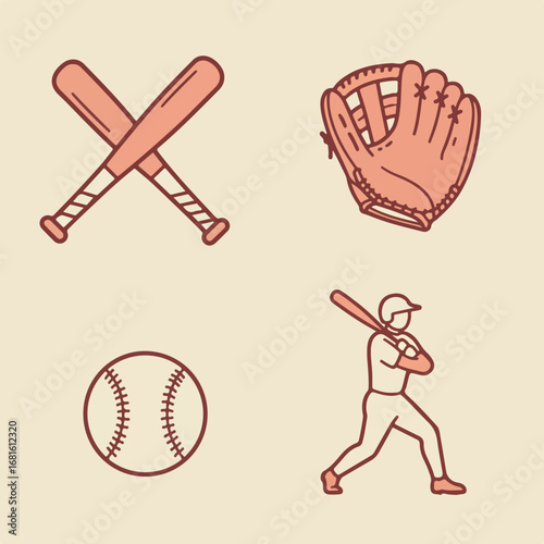 Baseball icons Bats, glove, ball and player
