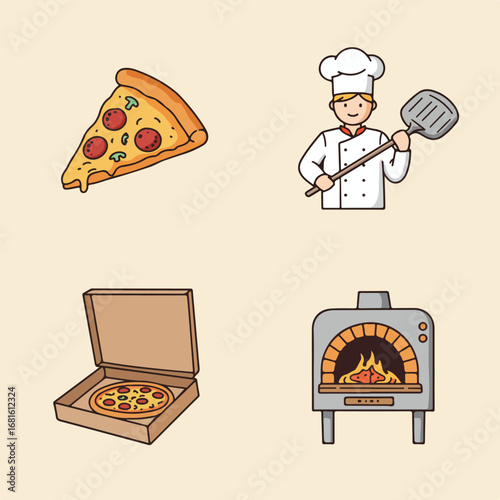 Pizza prep slice, chef, box, & oven